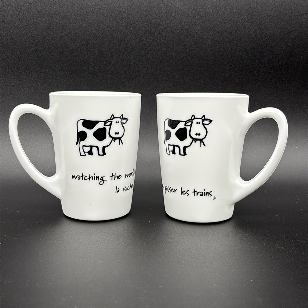 Vintage Set of 2 ARC France Milk Glass Cow Mug